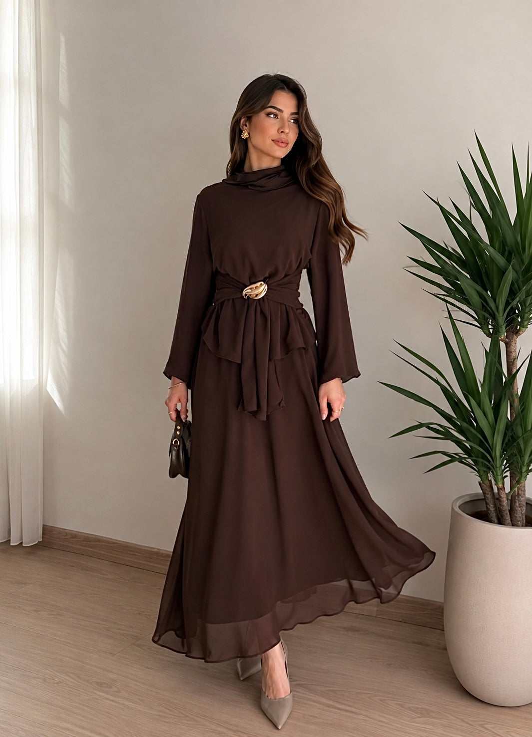 Chiffon non-see-through brown set