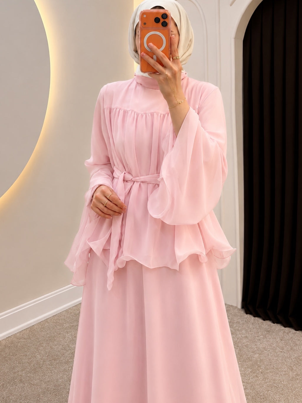 Chiffon non-see-through pink set