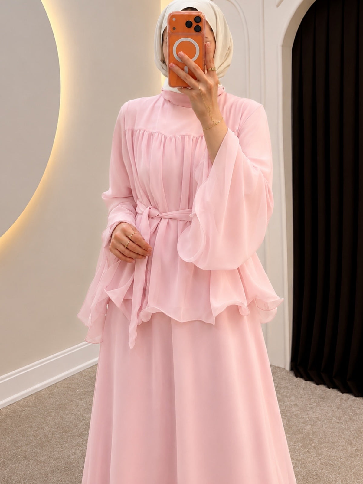 Chiffon non-see-through pink set