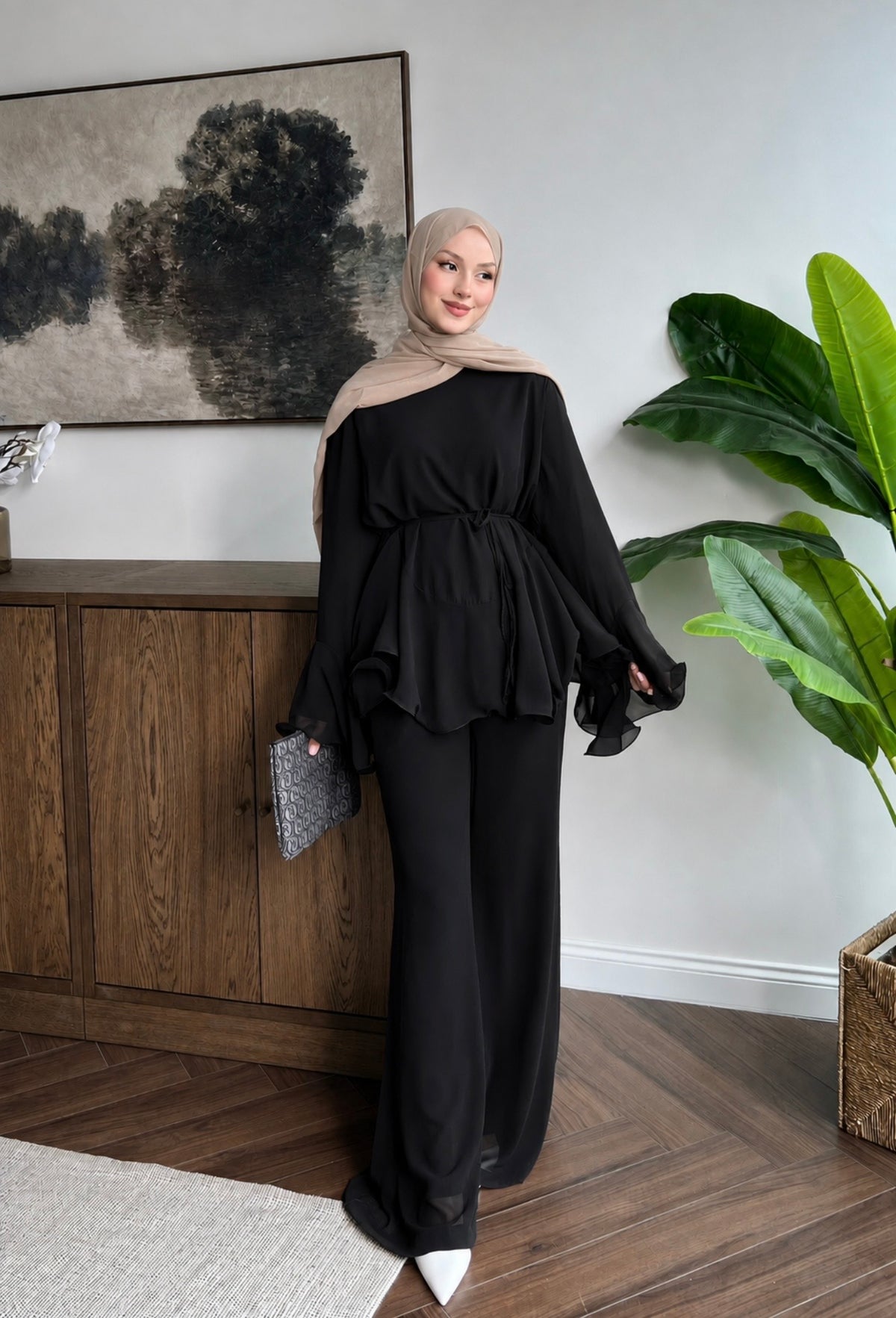 Black non-see-through chiffon set