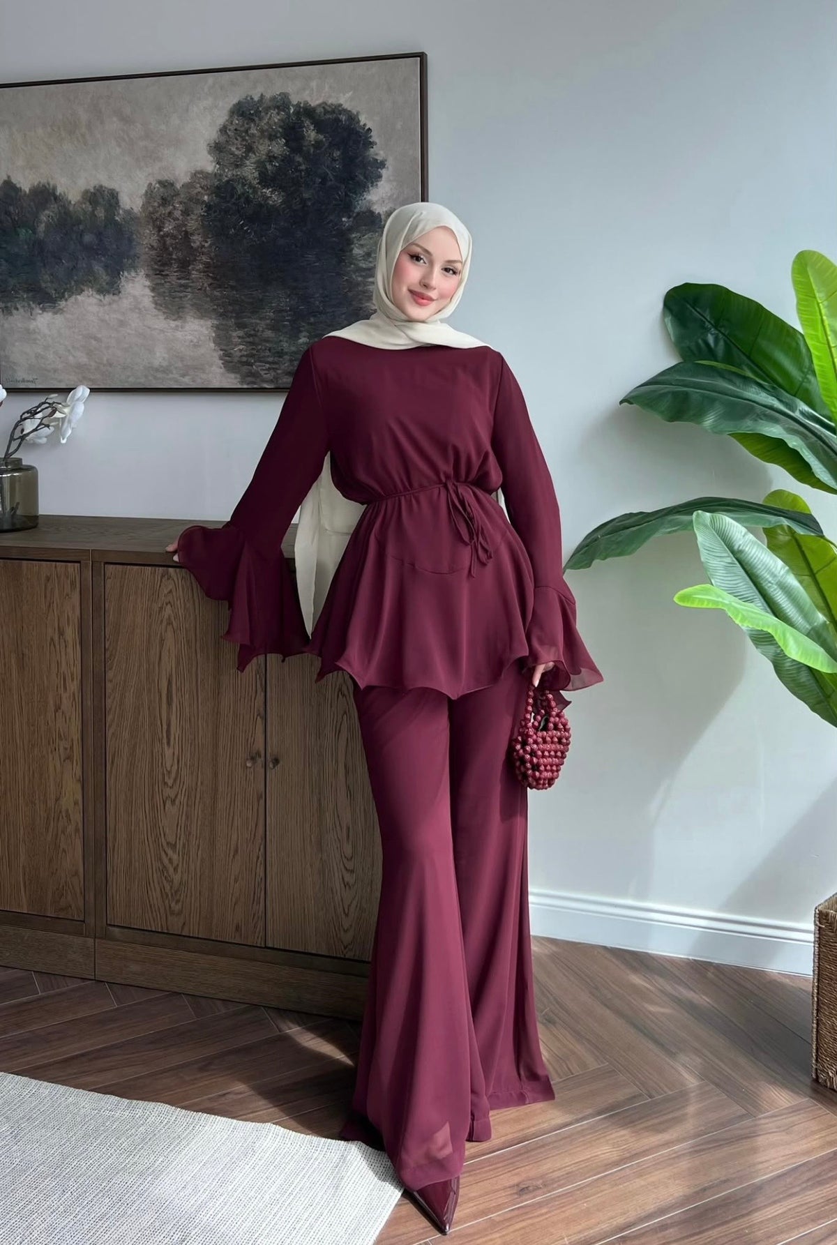 Burgundy non-see-through chiffon set