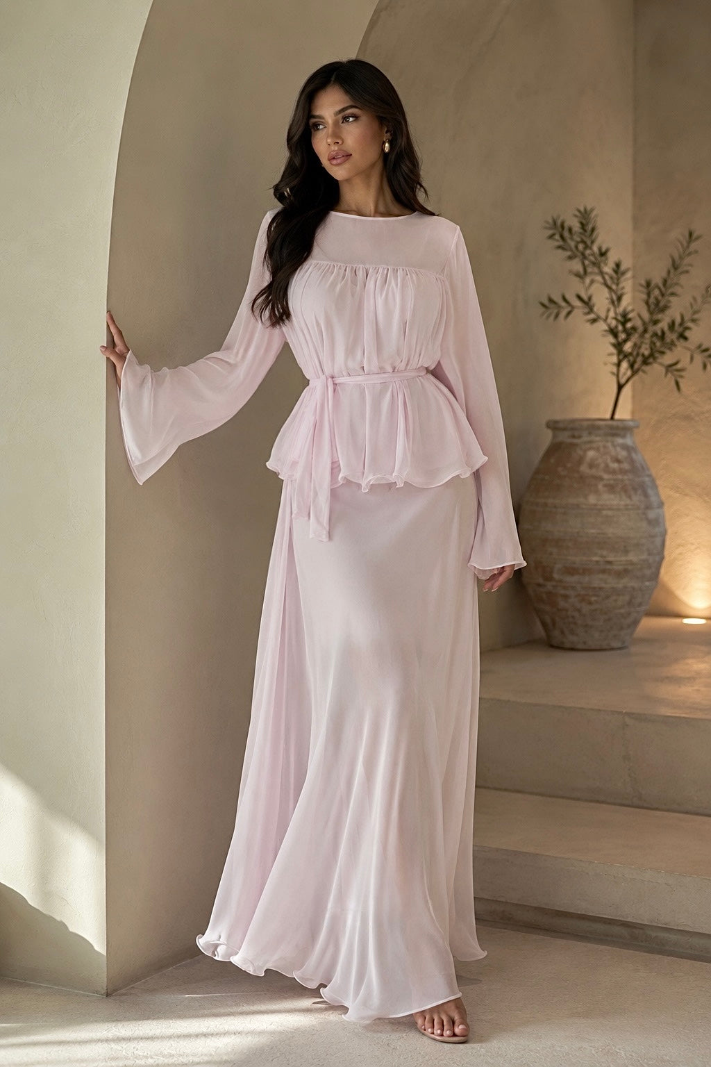 Chiffon non-see-through pink set