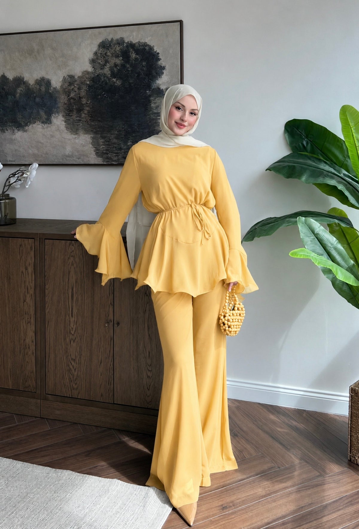 Mango yellow non-see-through chiffon set