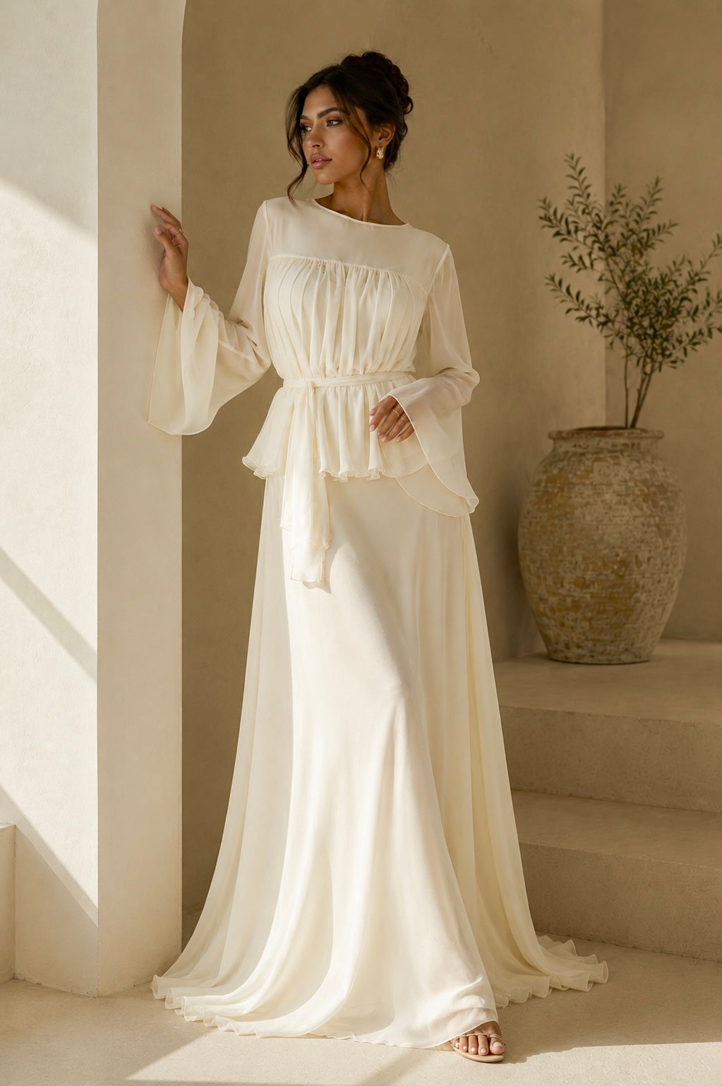 Cream white non-see-through chiffon set