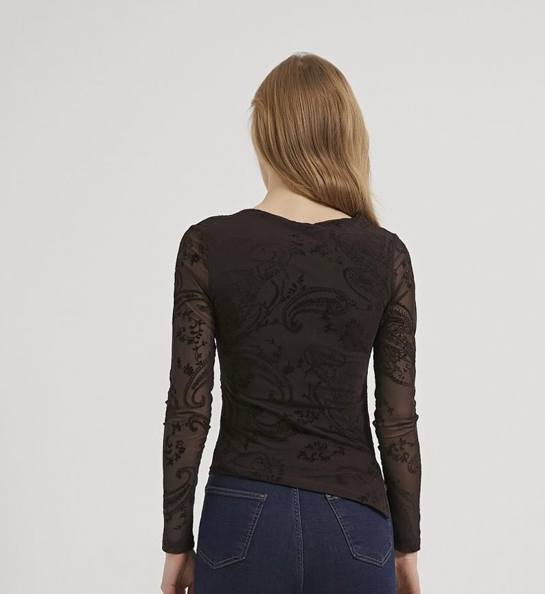 LACE LONG SLEEVE BROWN TOP